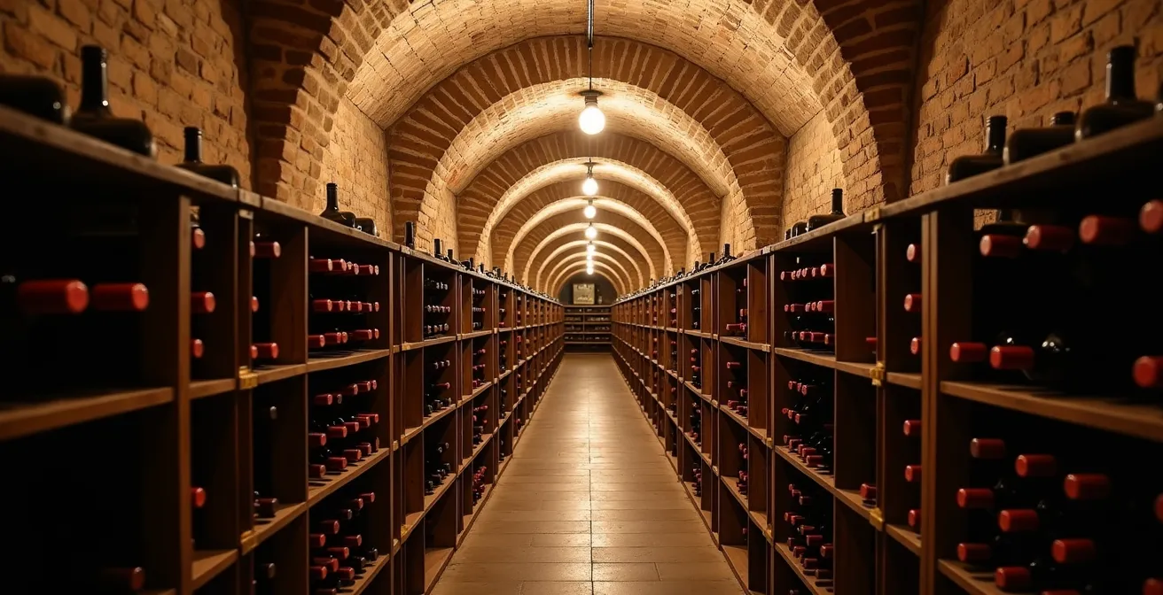 Cave à vins d'un restaurant gastronomique avec éclairage tamisé