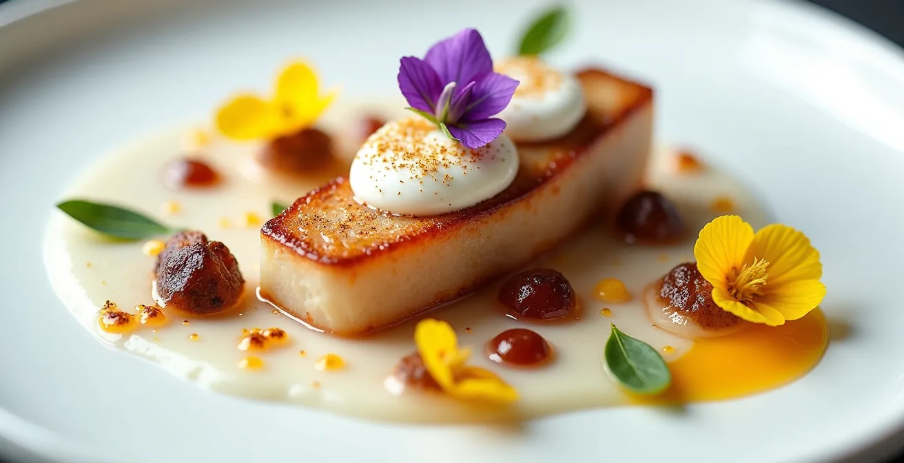 Détail macro d'une assiette gastronomique avec textures et couleurs