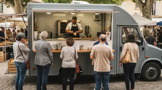 Camion pizza rentable sur place de marché française avec file d'attente clients