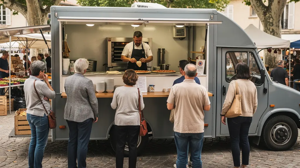 Camion pizza rentable sur place de marché française avec file d'attente clients