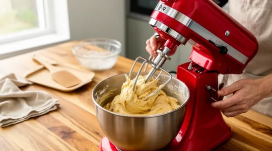 Robot pâtissier rouge pétrissant une pâte à pain dans une cuisine moderne