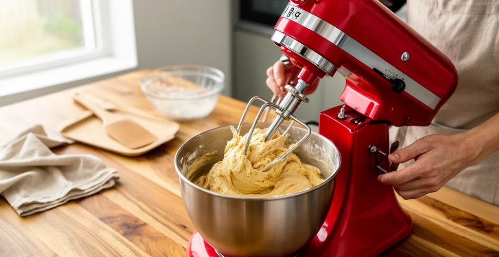 Robot pâtissier rouge pétrissant une pâte à pain dans une cuisine moderne