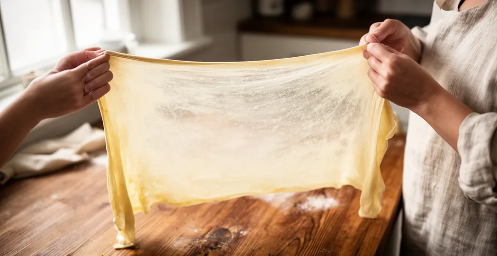 Pâte à pain étirée en membrane translucide démontrant le test du voile