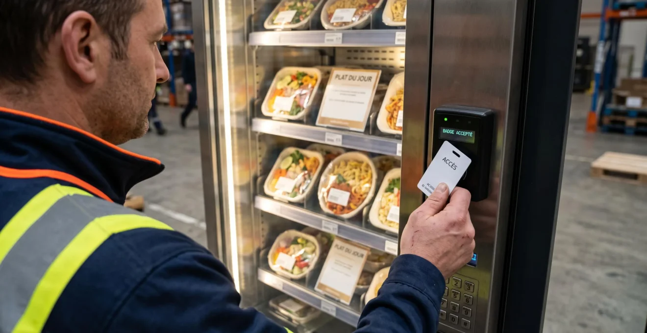 Gros plan sur un ouvrier baduant devant le lecteur d'un distributeur de repas connecté dans une zone de pause d'entrepôt.