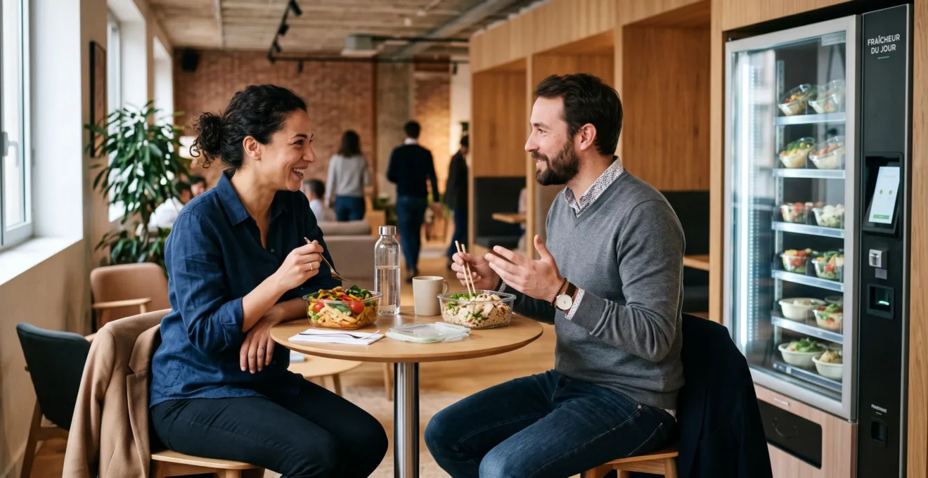 Deux collègues déjeunent assis à une table haute près d'un distributeur de repas frais dans un lounge d'entreprise.