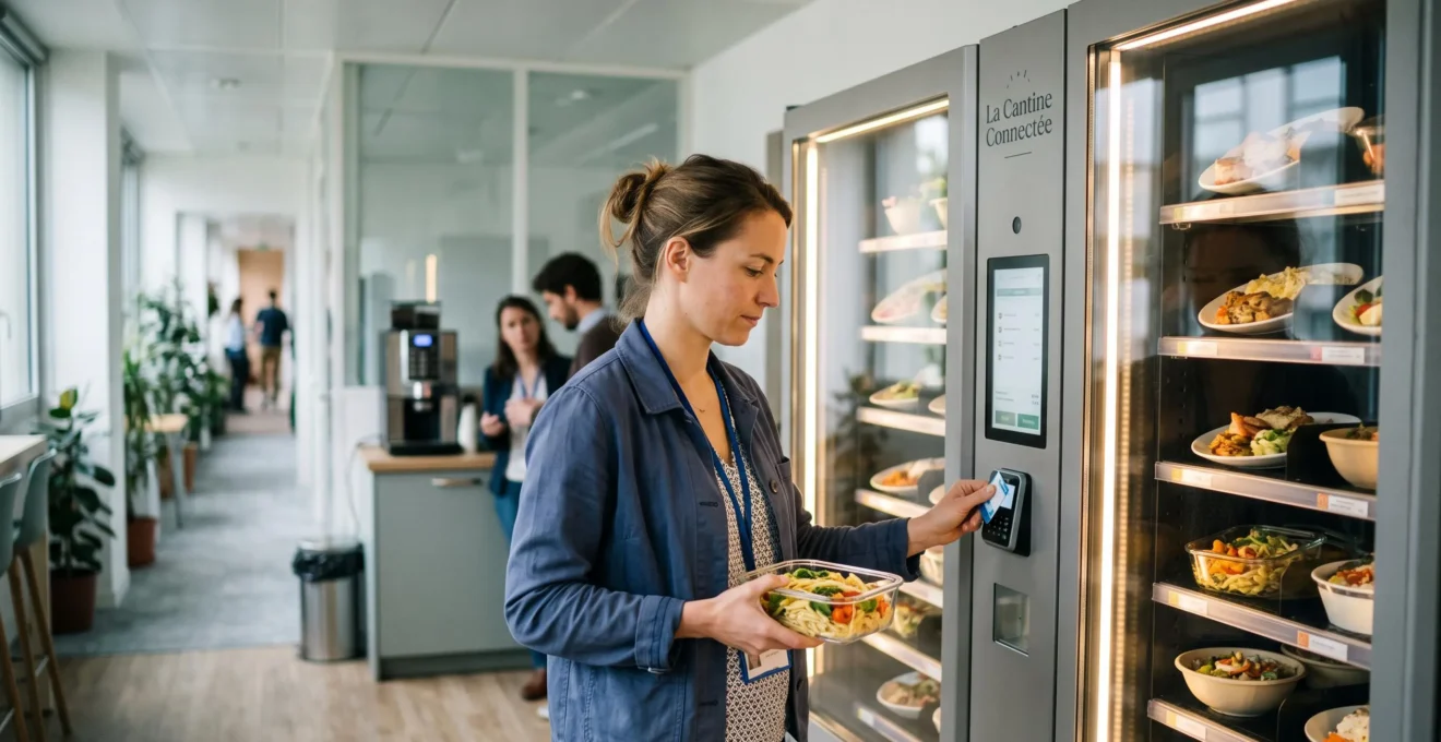 Une collaboratrice retire un plat frais d'un distributeur connecté de repas dans une aire de pause d'un immeuble de bureaux en France.