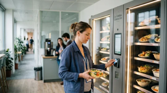 Une collaboratrice retire un plat frais d'un distributeur connecté de repas dans une aire de pause d'un immeuble de bureaux en France.