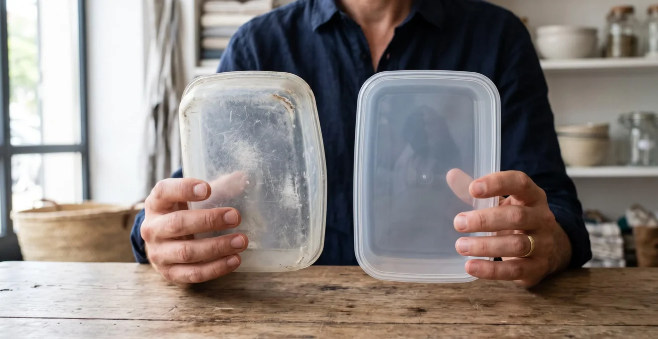 Un acheteur compare deux contenants réutilisables posés côte à côte sur une table.