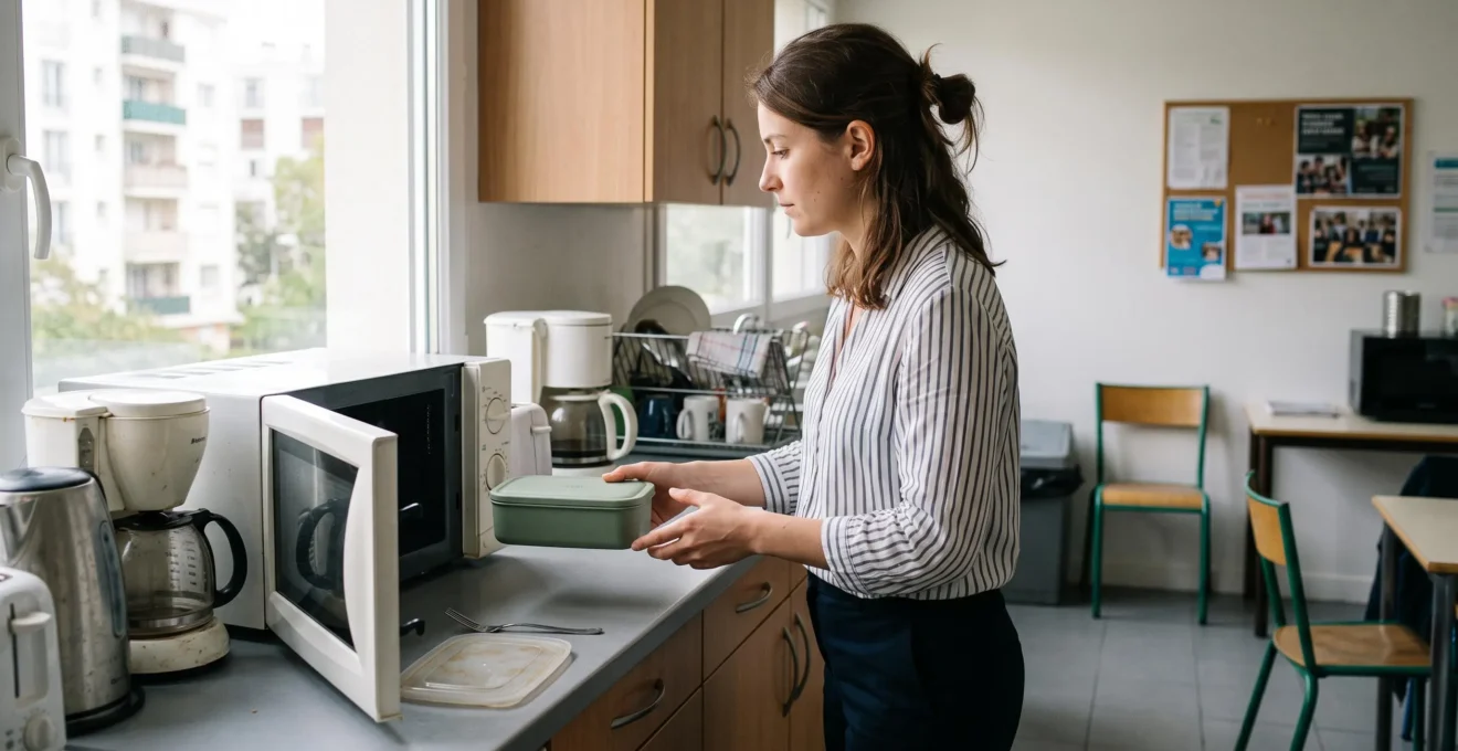 Une salariée place un contenant réutilisable dans un micro-ondes dans une salle de pause.