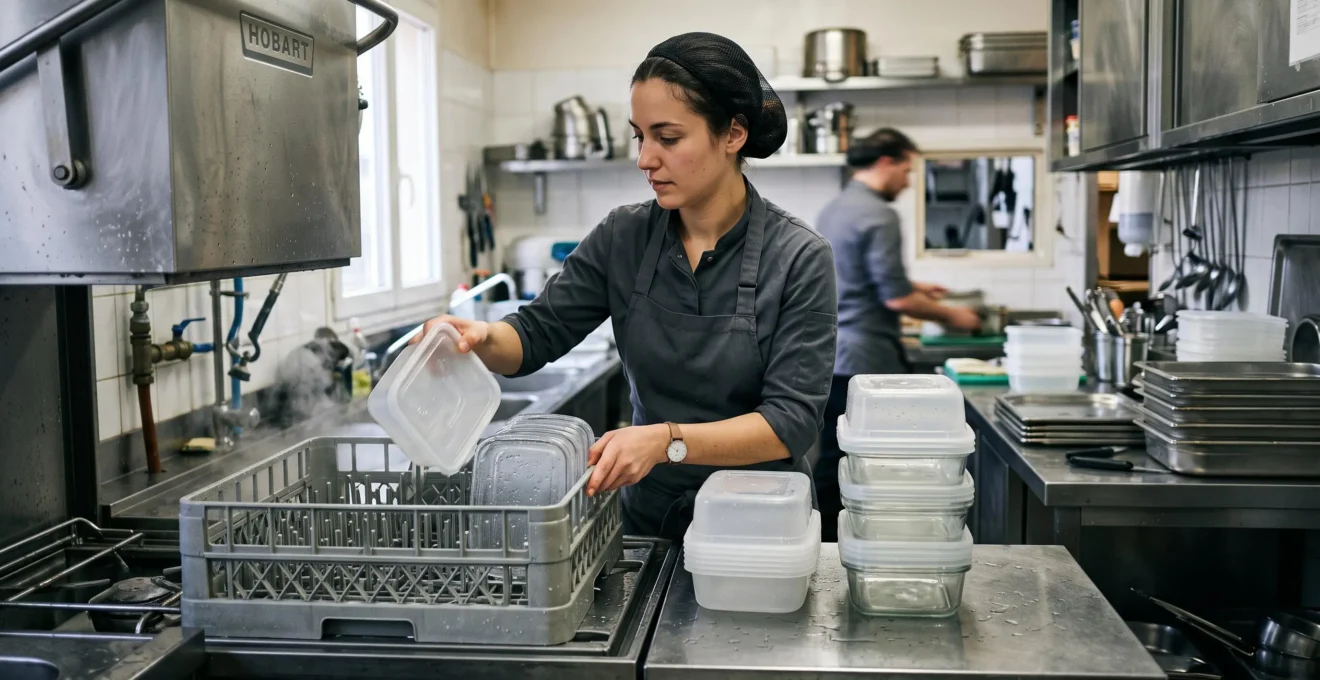 Un professionnel de cuisine empile des contenants alimentaires réutilisables sortis d'un lave-vaisselle industriel.