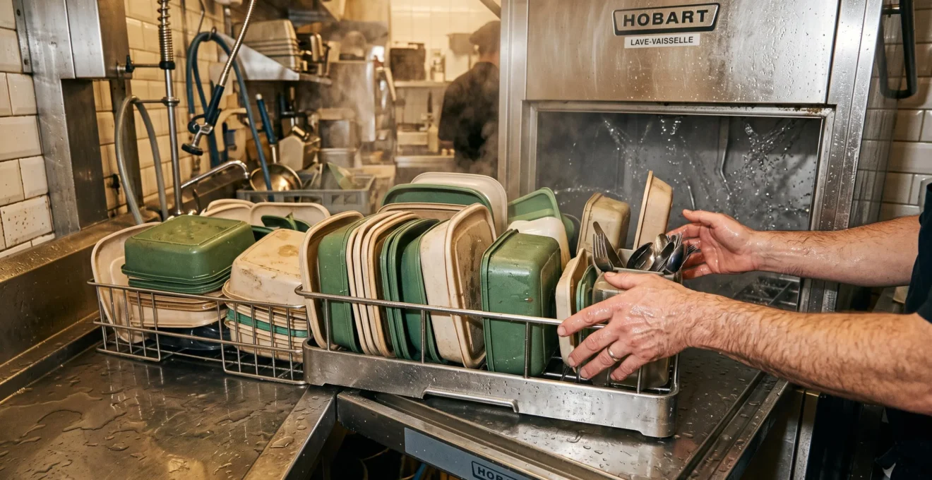 Des mains chargent un rack de contenants réutilisables dans un lave-vaisselle industriel sous vapeur.
